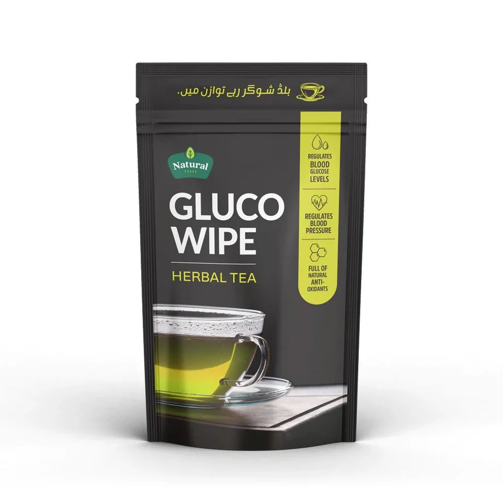 Glucowipe Anti-Diabetic and Anti-Hypertensive Herbal Tea packaging with a cup of tea