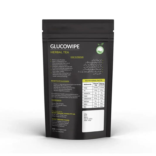 Glucowipe Anti-Diabetic and Anti-Hypertensive Herbal Tea pouch with preparation instructions and nutritional facts.