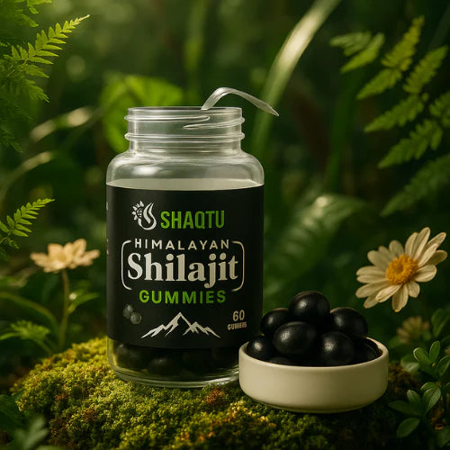 Shilajit Gummies in a jar on a mossy surface, showcasing natural energy and vitality benefits.