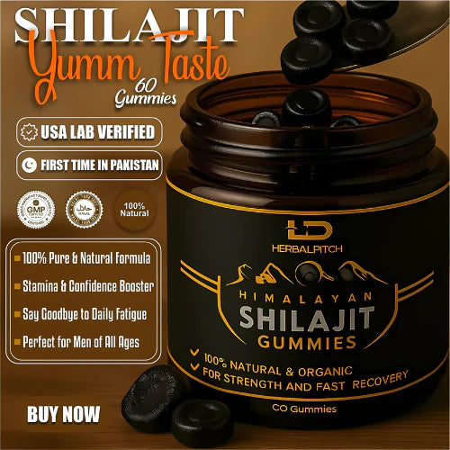 Shilajit Gummies in a jar promoting natural energy, strength, and vitality for overall wellness and recovery.