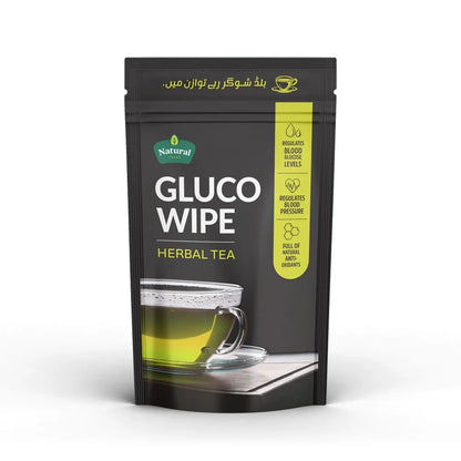 Glucowipe Anti-Diabetic and Anti-Hypertensive Herbal Tea packaging with herbal tea cup on table.