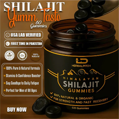 Shilajit Gummies in a jar promoting natural energy, strength, and vitality for overall wellness and recovery.